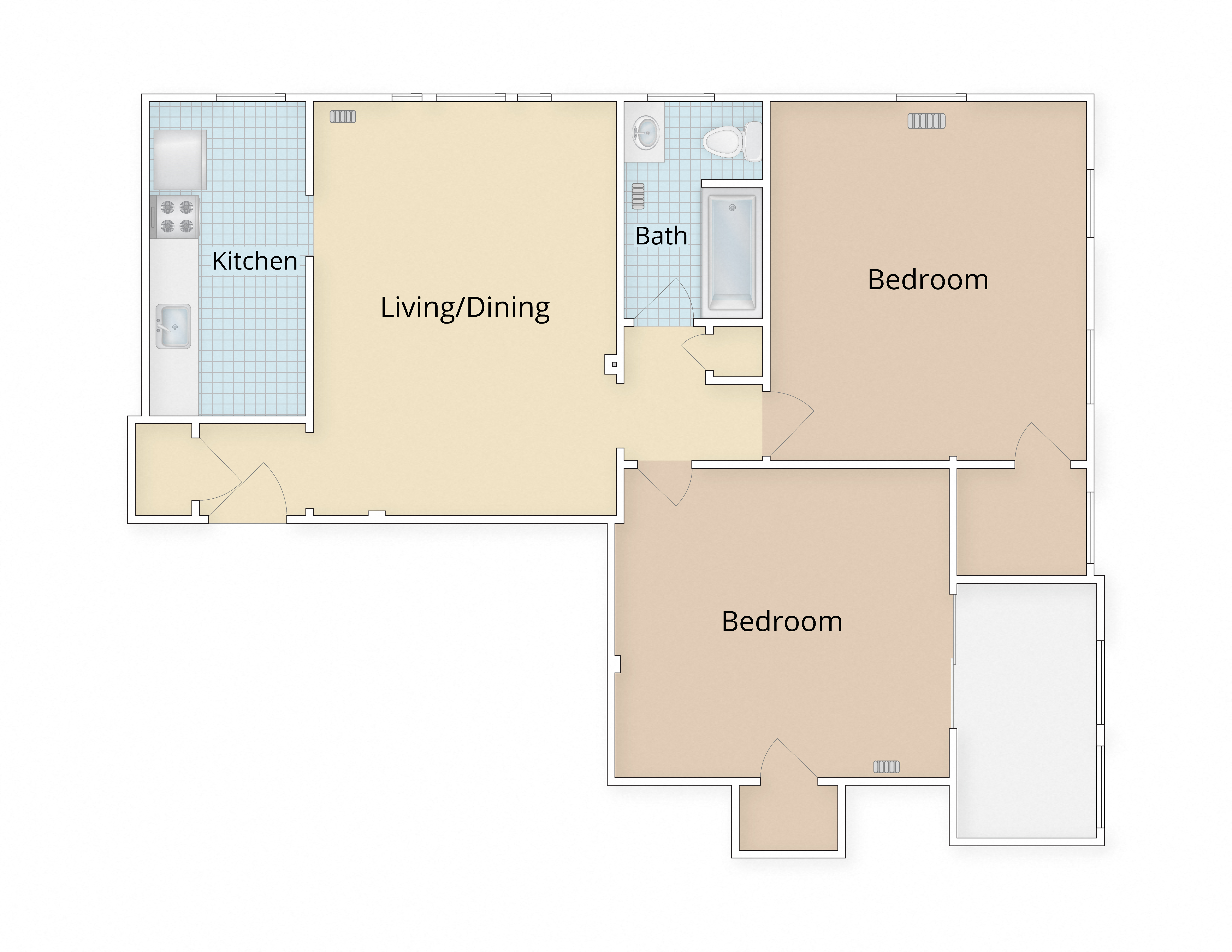 Floor plan for 2 beds, 1 bath, 895 sqft